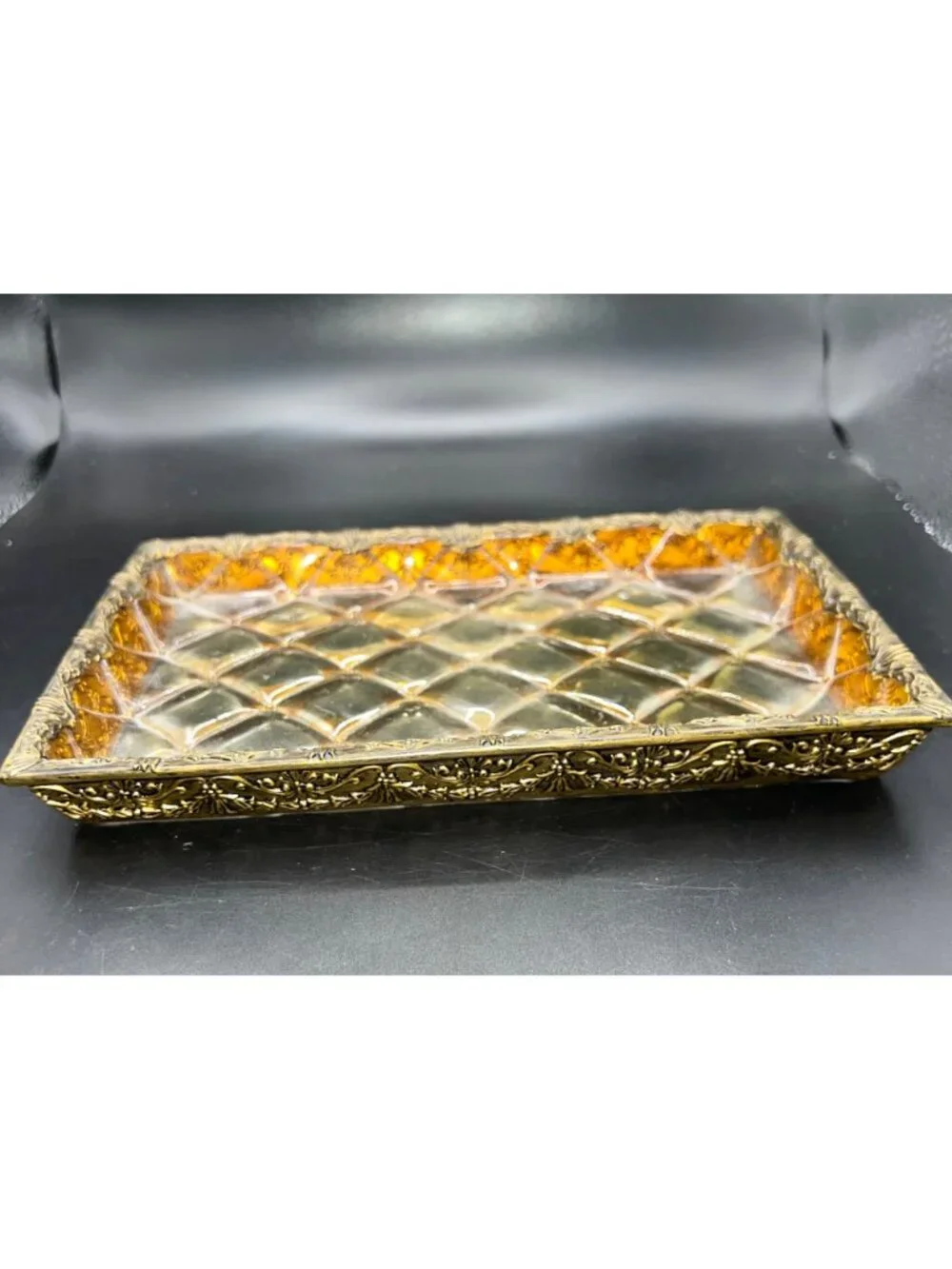 Vintage GoldTone Lucite Vanity Tray Quilted Diamond Pattern Ornate Floral Border